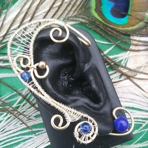 Fairy wire ear cuff. Blue beads. No piercing.